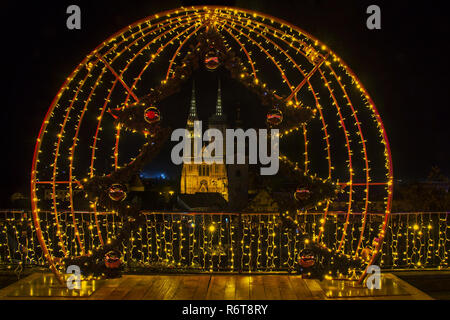 Advent in Zagreb - Night panorama of Zagreb cathedral at the time of Advent - Christmas and New Year's Eve in Zagreb, Croatia Stock Photo