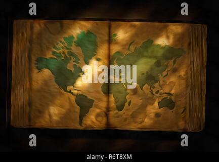 Painting. World map in ancient book Stock Photo