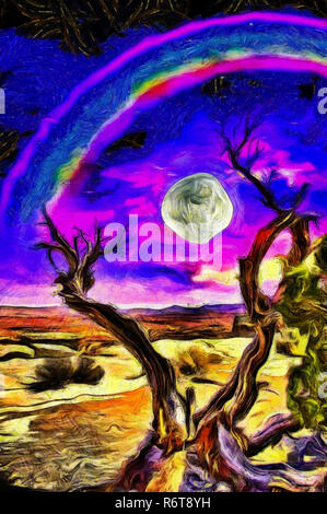 Surreal painting. Old tree stands on a rocky ground. Full moon and rainbow in purple-blue clouds Stock Photo