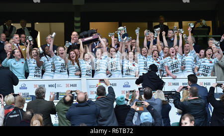 London, UK. 6th December, 2018. Cambridge University celebrate winning of Varsity Trophy Varsity Match 2018 between Oxford University Women v Cambridge University Women during  at Twickenham Stadium on Thursday, 06 December 2018. LONDON ENGLAND.  (Editorial use only, license required for commercial use. No use in betting, games or a single club/league/player publications.) Credit: Taka Wu/Alamy Live News Stock Photo