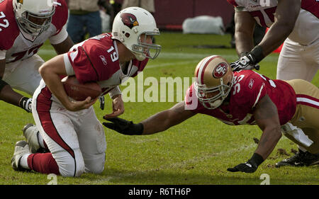 November 20, 2011 - San Francisco, California, U.S - Arizona Cardinals quarterback John Skelton (19) recover his fumble just before San Francisco 49ers outside linebacker Ahmad Brooks (55) get the ball on Sunday, November 20, 2011 at Candlestick Park, San Francisco, California.  The 49ers defeated the Cardinals 23-7. (Credit Image: © Al Golub/ZUMA Wire) Stock Photo