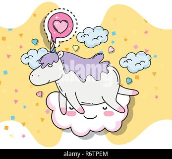 kawaii cute unicorn with heart and clouds Stock Vector