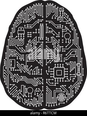 Motherboard human brain shaped isolated vector illustration. Black and white artificial intelligence and technology concept.
