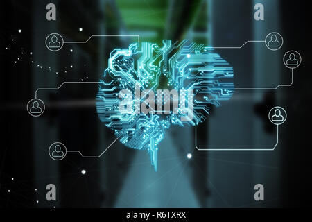 Human brain connected to people icons on circuit board against empty server room Stock Photo