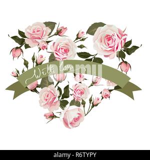 Vector floral heart shape background with rose flowers for st valentines day with love hand lettering. Stock Vector