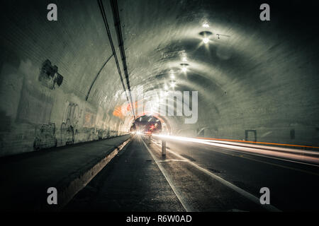Light trails in 2nd street tunnel, downtown Los Angeles, California Stock Photo