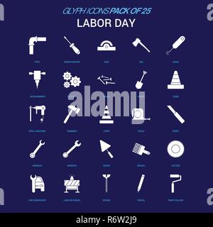 Labor day White icon over Blue background. 25 Icon Pack Stock Vector