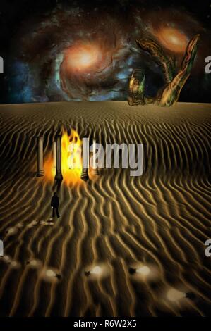 Surreal digital art. White desert planet with Temple of fire. Man in suit is losing light bulbs. Giant stone hand and colorful galaxies at the horizon. Light bulbs symbolizes ideas or thoughts. Stock Photo