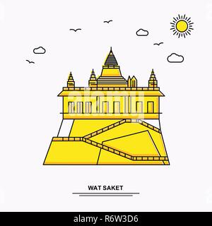 WAT SAKET Monument Poster Template. World Travel Yellow illustration Background in Line Style with beauture nature Scene Stock Vector