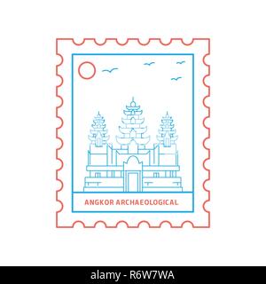 ANGKOR ARCHAEOLOGICAL postage stamp Blue and red Line Style, vector illustration Stock Vector