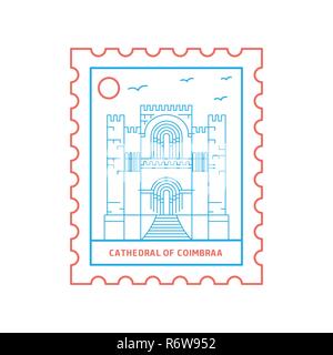 CATHEDRAL OF COIMBRAA postage stamp Blue and red Line Style, vector illustration Stock Vector