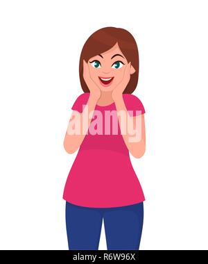 Amazed or surprised pretty young woman holding hands on face. Human emotion and body language concept illustration in vector cartoon flat style. Stock Vector