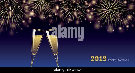 happy new year 2019 golden firework and champagne glasses greeting card vector illustration EPS10 Stock Vector