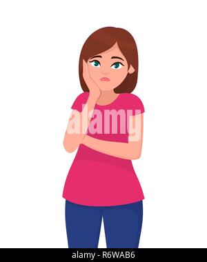 Young woman holding hand on cheek,  sad or unhappy expression. Human emotion and body language concept illustration in vector cartoon flat style. Stock Vector