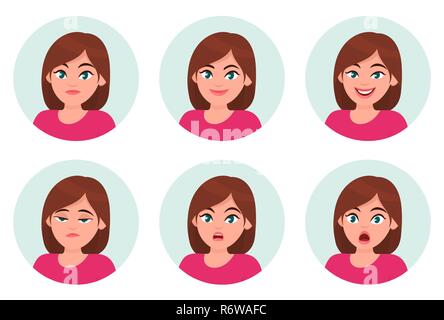 Set of girl/woman facial emotions. Different female emotions set. Woman emoji character with different expressions. Vector illustration. Stock Vector
