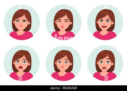 Set of girl/woman facial emotions. Different female emotions set. Woman emoji character with different expressions. Vector illustration. Stock Vector