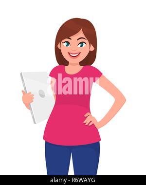 Young woman holding laptop computer against white background. Human emotion and body language concept illustration in vector cartoon flat style. Stock Vector