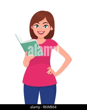 Young woman holding/showing/reading a book. Human emotion and body language concept illustration in vector cartoon flat style. Stock Vector
