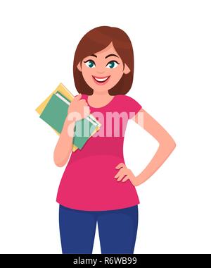Young woman holding/showing books. Human emotion and body language concept illustration in vector cartoon flat style. Stock Vector