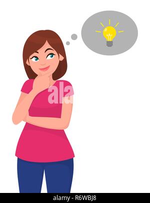 Young woman looking up, in thought bubble glowing a light bulb. Idea and creative concept. Initiate and innovation theme. Glowing light bulb icon. Stock Vector