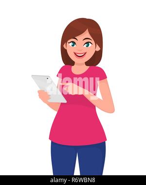 Young woman/girl holding tablet computer. Cute woman using tablet PC. Human emotion and body language concept illustration in vector cartoon. Stock Vector