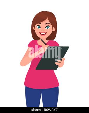 Young woman holding clipboard and writing. Human emotion and body language concept illustration in vector cartoon flat style. Stock Vector