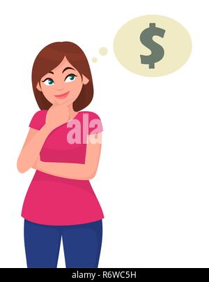 Young woman thinking and looking up to thought bubble in dollar symbol. Business and finance concept. Human emotion and body language concept. Stock Vector