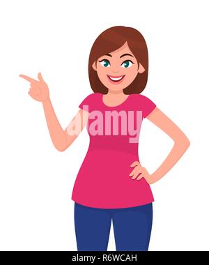 Young woman gesture hand presenting a copy space. Human emotion and body language concept illustration in vector cartoon flat style. Stock Vector