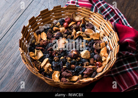 Mix of Dried Fruits; Apple, Apricot, Mulberry, Raisin, Fig, Cranberry, Raspberry and Date in Wooden Basket. Organic Snacks. Stock Photo
