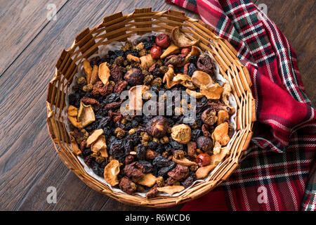 Mix of Dried Fruits; Apple, Apricot, Mulberry, Raisin, Fig, Cranberry, Raspberry and Date in Wooden Basket. Organic Snacks. Stock Photo