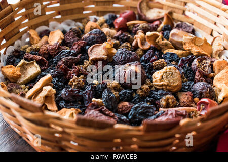 Mix of Dried Fruits; Apple, Apricot, Mulberry, Raisin, Fig, Cranberry, Raspberry and Date in Wooden Basket. Organic Snacks. Stock Photo