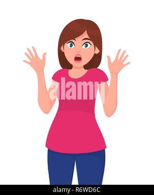 Young woman scared/feared/shocked/amazed face expression showing palm of hands. Human emotion and body language concept illustration in vector cartoon. Stock Vector