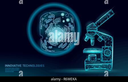 Microscope artificial cell synthesis animal human designer cell biochemistry. Engineering GMO research concept. Macro close zoom future education technology vector illustration eukaryotic Stock Vector