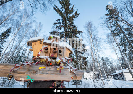 Many birdhouses, for birds and feeders on the tree. Houses for birds in the winter under the snow on the tree. Bird protection in the park with birds nesting-boxes collection. Stock Photo