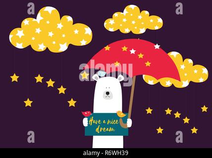 Polar bear Have a nice dream card with birds, umbrella, clouds and stars vector illustration in gold, white and gray colors palette on a dark purple b Stock Vector