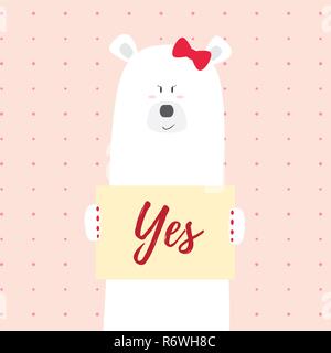 Polar bear girl Yes vector card illustration on a dotted pattern background Stock Vector
