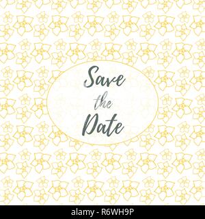 Save the date, wedding invitation card template with golden flowers vector pattern illustration. Floral background. Stock Vector