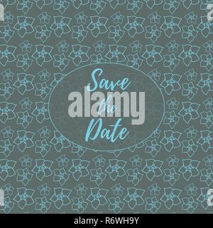 Save the date, wedding invitation card template with light blue flowers vector pattern illustration on a dark gray background. Floral background. Stock Vector