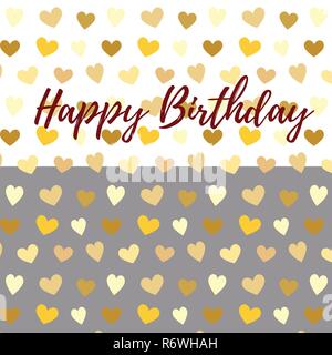 Happy Birthday card vector golden hearts pattern on a white and gray background Stock Vector