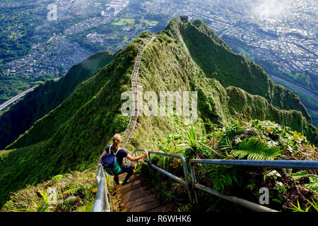 Haiku Stairs, The Stairway to Heaven, Haiku Ladder, hiking trail, Oahu, Hawaii, USA Stock Photo