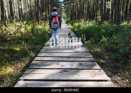 Woman walking dog on wooden pathway in the woods Stock Photo