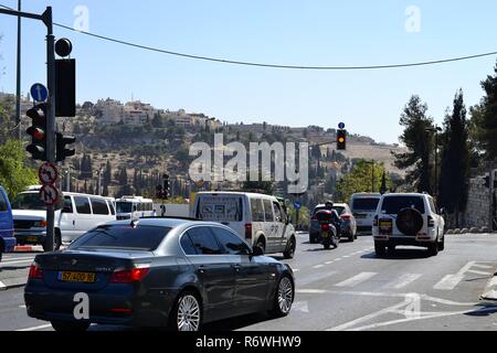 Jerusalem, Israel, cars in the east part of the city, Mount of Olives in the background, close to old city Stock Photo
