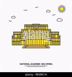 NATIONAL ACADEMIC; BIG OPERA Monument Poster Template. World Travel Yellow illustration Background in Line Style with beauture nature Scene Stock Vector