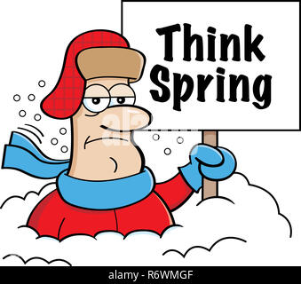 Cartoon illustration of a man buried in snow holding a think spring sign. Stock Photo