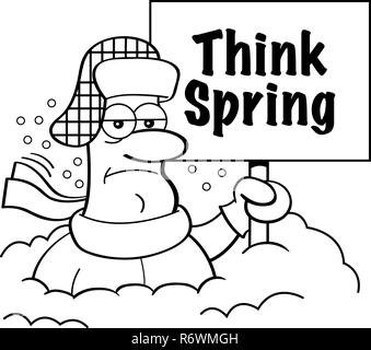 Black and white illustration of a man buried in snow holding a think spring sign. Stock Photo