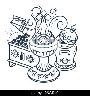 black and white illustrations with traditional Magi offerings to celebrate Epiphany: frankincense, myrrh and gold. Icon, silhouette in a linear style. Stock Vector