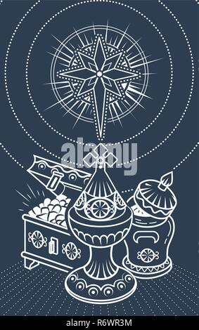 black and white illustrations with traditional Magi offerings to celebrate Epiphany: frankincense, myrrh and gold. Icon, silhouette in a linear style. Stock Vector