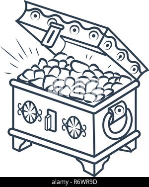 Chest of gold. Black and white illustration on an isolated white background. Icon, silhouette in linear style. Stock Vector