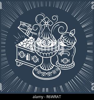 black and white illustrations with traditional Magi offerings to celebrate Epiphany: frankincense, myrrh and gold. Icon, silhouette in a linear style. Stock Vector
