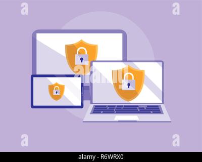 set devices electronics with shields and padlocks vector illustration design Stock Vector